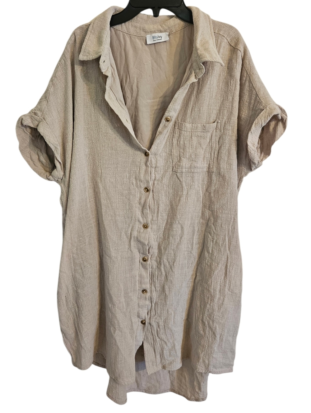 Bluivy Beige Button-Front Short-Sleeve Dress 100% Cotton Sz L